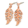Delicate Clear Austrian Crystal Leaf Drop Earrings In Rose Gold Tone - 40mm L