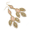 Pale Pink/ Olive Glass Stone, Crystal Leaf Drop Earrings In Gold Tone - 70mm L