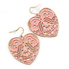 Light Pink Lacy Heart Drop Earrings In Gold Tone - 50mm L