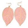 Baby Pink Enamel Etched Leaf Drop Earrings In Gold Tone - 75mm L