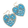 Light Blue Lacy Heart Drop Earrings In Gold Tone - 50mm L