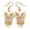 Gold Tone White Enamel, Cat's Eye Stone Owl Drop Earrings - 45mm L