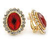 Red/ Clear Crystal Oval Stud Clip On Earrings In Gold Plating - 23mm L