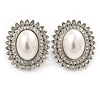 Large Crystal, Pearl Oval Shape Clip On Stud Earrings In Rhodium Plating - 30mm L
