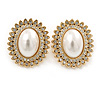 Large Crystal, Pearl Oval Shape Clip On Stud Earrings In Gold Plating - 30mm L