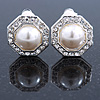 Prom/ Bridal Crystal, Faux Pearl Octagonal Stud Clip On Earrings In Silver Tone - 17mm L
