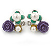 Purple, Teal Yellow, Glass Pearl Floral Stud Earrings In Rhodium Plating - 20mm L
