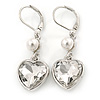 Clear Crystal Heart Drop Earrings In Silver Tone Metal with Leverback Closure - 40mm L