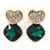 Clear/ Emerald Green Crystal Heart Stud Earrings In Gold Plating - 20mm L