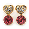 Small Clear/ Pink Crystal Heart Stud Earrings In Gold Plating - 18mm L