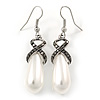 White Faux Teardop Pearl With Hematite Crystal Detailing Drop Earrings In Silver Tone - 45mm