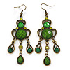 Victorian Style Green/ Olive Acrylic Bead Chandelier Earrings In Antique Gold Tone - 80mm L