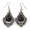 Victorian Style Black Glass, Hematite Crystal Drop Earrings In Silver Tone - 55mm L