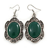 Victorian Style Green Resin Stone Oval Drop Earrings In Burnt Silver Tone - 50mm L
