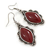 Victorian Style Dark Red Ceramic Stone Diamond Drop Earrings In Silver Tone - 50mm L