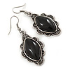 Victorian Style Black Ceramic Stone Diamond Drop Earrings In Silver Tone - 50mm L