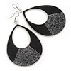 Large Black Enamel With Glitter Oval Hoop Earrings In Silver Tone - 90mm L