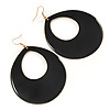 Large Black Enamel Oval Hoop Earrings In Gold Tone - 85mm L
