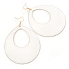Large White Enamel Oval Hoop Earrings In Silver Tone - 85mm L