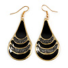 Black Enamel With Glitter Teardrop Earrings In Gold Tone - 65mm L