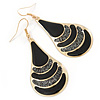 Black Enamel With Glitter Teardrop Earrings In Gold Tone - 65mm L