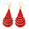 Red Enamel With Glitter Teardrop Earrings In Gold Tone - 65mm L