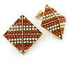 Boho Style Orange/ Cream/ White Beaded Square Stud Earrings In Silver Tone - 25mm