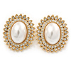 Large Crystal, Pearl Oval Shape Stud Earrings In Gold Plating - 30mm L