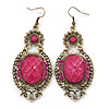 Victorian Style Magenta Acrylic Bead, Crystal Chandelier Earrings In Antique Gold Tone - 80mm L
