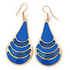 Royal Blue Enamel With Glitter Teardrop Earrings In Gold Tone - 65mm L