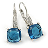 Pear Cut Cobalt Blue CZ/ Clear Crystal Drop Earrings In Rhodium Plating With Leverback Closure - 30mm L