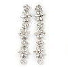 Bridal/ Prom Luxury Clear Crystal Floral Drop Earrings In Rhodium Plating - 90mm L