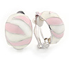 C Shape Light Pink/ Whtie Enamel Clip On Earrings In Silver Tone - 20mm L