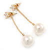 Gold Tone Clear Crystal  Front and Chain With 13mm Cream Pearl Drop  Earrings - 60mm L