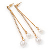 Long Crystal Chain, Faux Pearl Dangle Earrings In Gold Tone - 80mm L