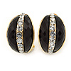 C Shape Black Acrylic with Clear Crystal Clip On Earrings In Gold Plating - 20mm L