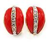 C Shape Red Acrylic with Clear Crystal Clip On Earrings In Gold Plating - 20mm L
