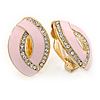 Light Pink Enamel Clear Crystal Oval Clip On Earrings In Gold Plaiting - 23mm L