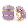 C Shape Lavender Acrylic, Clear Crystal Clip On Earrings In Gold Plating - 20mm L