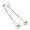Silver Tone Clear Crystal Bar with Faux Pearl Linear Drop Earrings - 70mm L