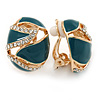 Oval Teal Green Enamel, Clear Crystal Clip On Earrings In Gold Plating - 20mm L
