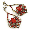 Vintage Inspired Red Acrylic Bead, Clear Crystal Chandelier Earrings In Gold Tone - 80mm L