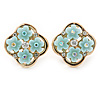 Gold Tone Light Blue Acrylic, Clear Crystal Floral Stud Earrings - 16mm