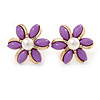 Purple Acrylic, Crystal Flower Stud Earrings In Gold Tone - 20mm D