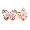 Gold Plated, Crystal with Pink Flowers Stud Butterfly Earrings - 20mm W