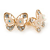 Gold Plated, Crystal with Nude Flowers Stud Butterfly Earrings - 20mm W