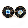 Black Enamel Crystal Daisy Stud Earrings In Gold Tone - 15mm D