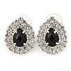 Statement Clear/ Black Jewelled Teardrop Stud Earrings In Silver Tone - 27mm L