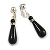 Striking Black Resin Teardrop Clip On with Crystal Ring In Silver Tone - 40mm Long