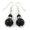 Black Ceramic Bead with Crystal Ring Drop Earrings In Silver Tone - 40mm L